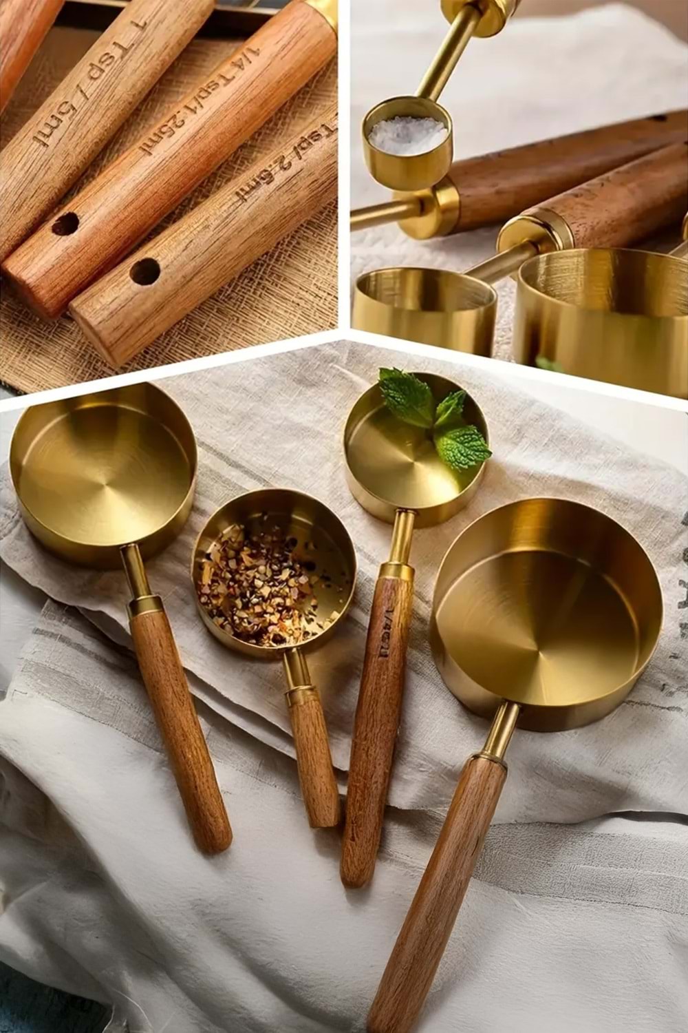Gold Paslanmaz Çelik Ölçü Kaşığı 60 ml – Ahşap Saplı Premium Kalite Ölçü Kaşık