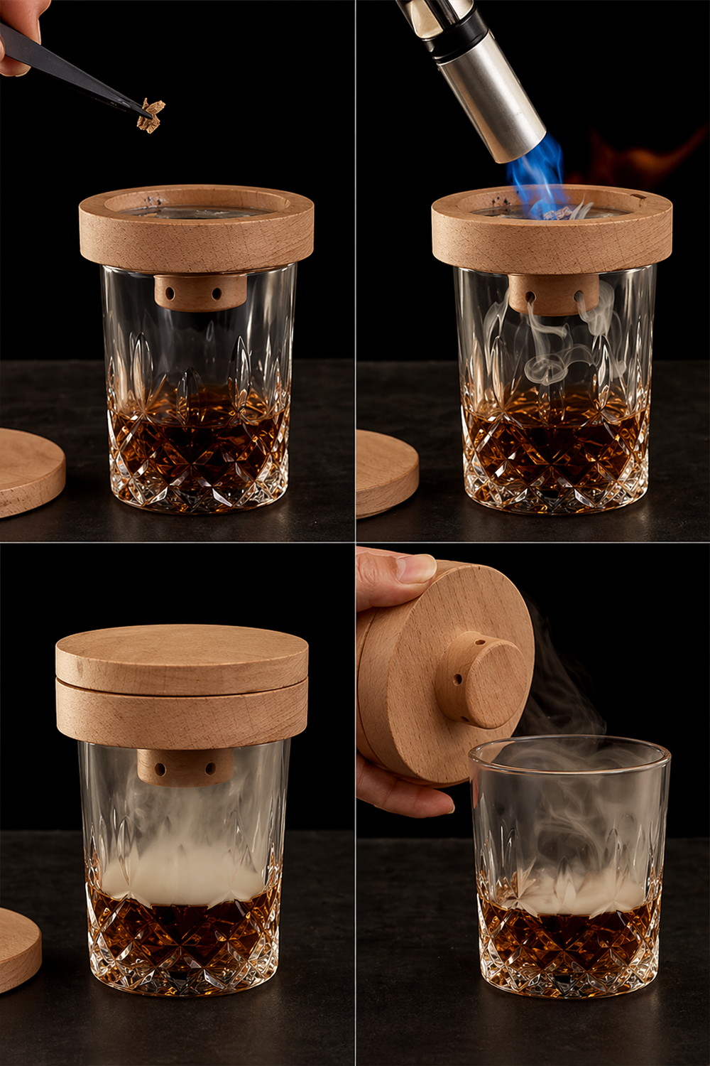 Premium Viski Tütsüleme Seti – Ahşap Kapaklı Cam Smoke Infuser, Kokteyl Aromalandırma