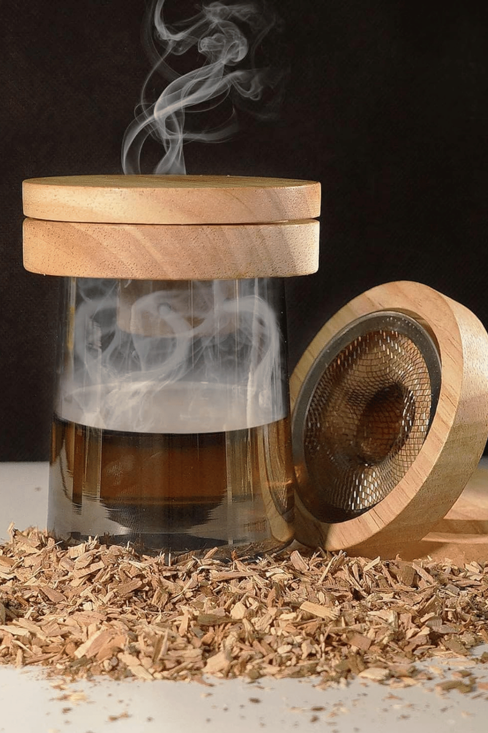 Premium Viski Tütsüleme Seti – Ahşap Kapaklı Cam Smoke Infuser, Kokteyl Aromalandırma