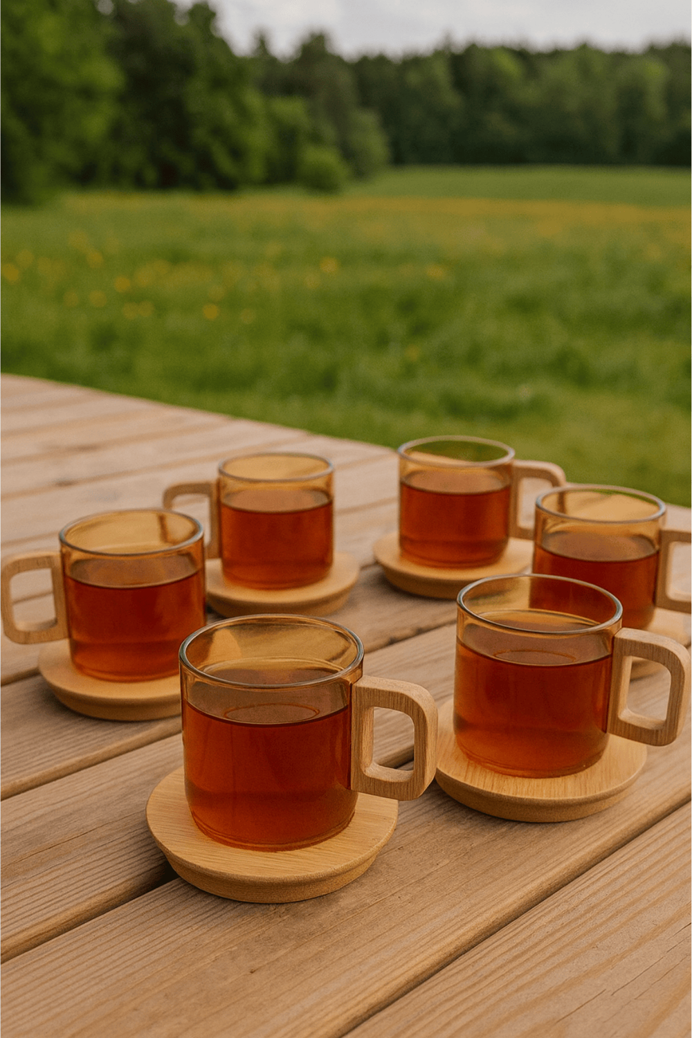 12 Parça Amber Cam Kupa Seti – Bambu Kulplu ve Tabaklı Çay & Kahve Bardağı