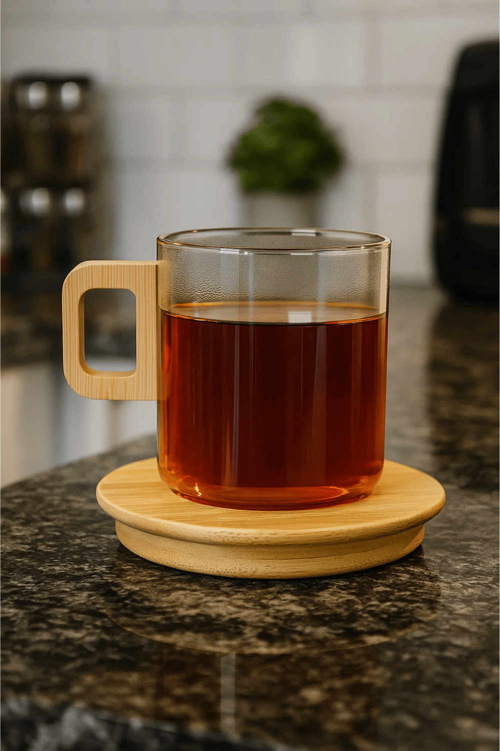 12 Parça Amber Cam Kupa Seti – Bambu Kulplu ve Tabaklı Çay & Kahve Bardağı