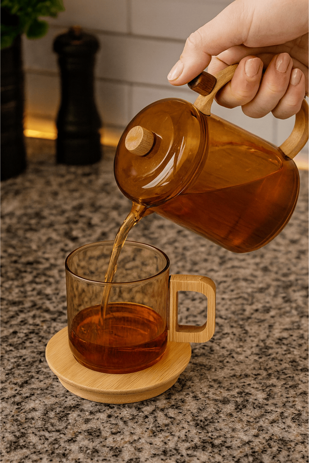 12 Parça Amber Cam Kupa Seti – Bambu Kulplu ve Tabaklı Çay & Kahve Bardağı