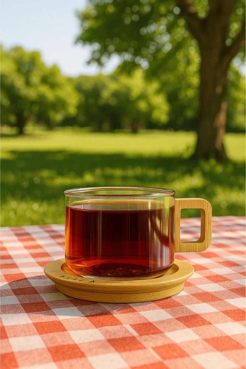 12 Parça Amber Renk Cam Kupa Seti – Bambu Kulplu ve Altlıklı Çay & Kahve Bardağı