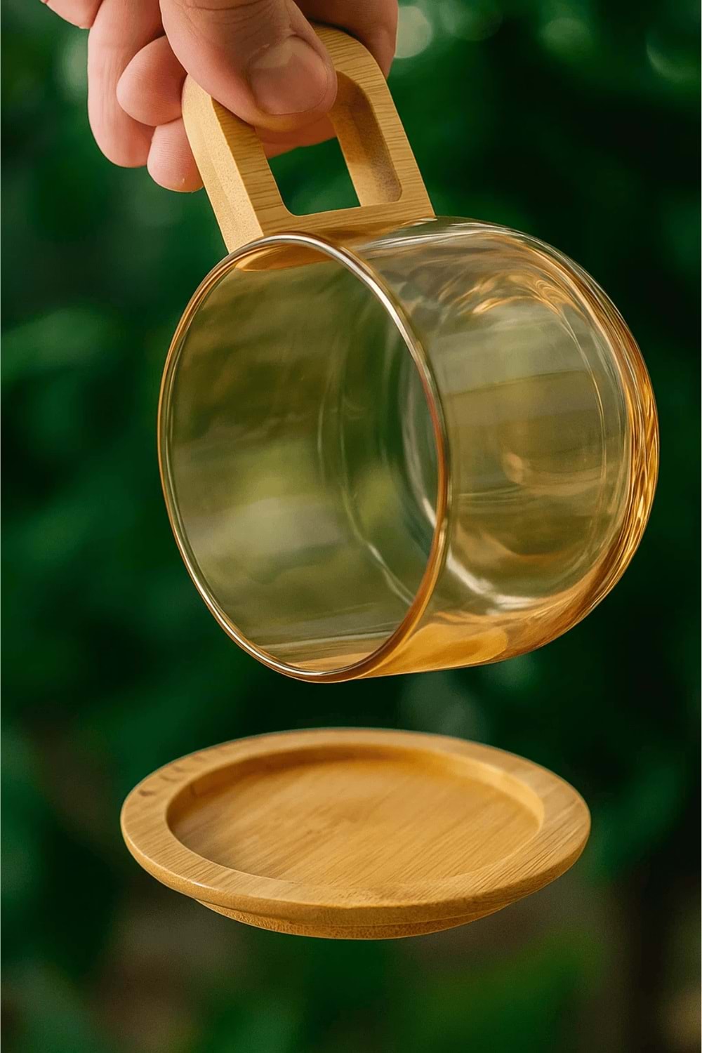 12 Parça Amber Renk Cam Kupa Seti – Bambu Kulplu ve Altlıklı Çay & Kahve Bardağı