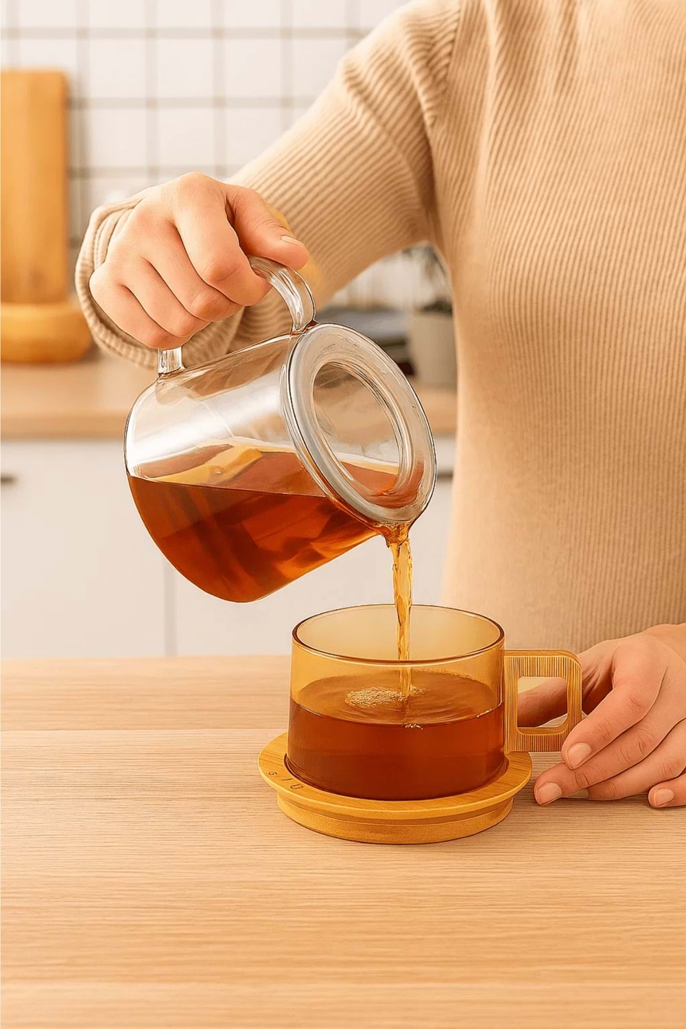 12 Parça Amber Renk Cam Kupa Seti – Bambu Kulplu ve Altlıklı Çay & Kahve Bardağı