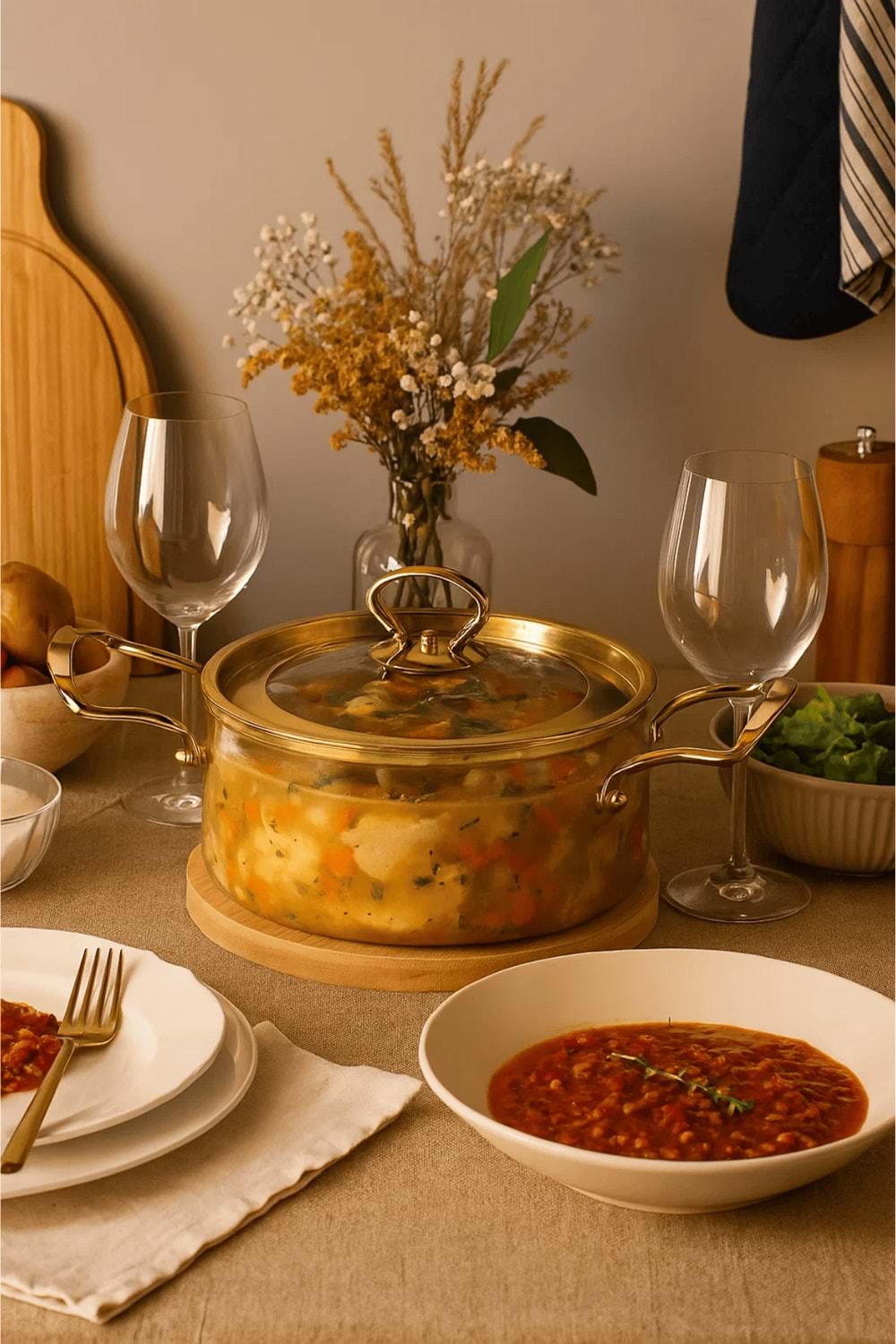 2,5 Lt. Altın Kapaklı ve Altın Kulplu Isıya Dayanıklı Tencere – Şeffaf Borosilikat Cam Pişirme Seti