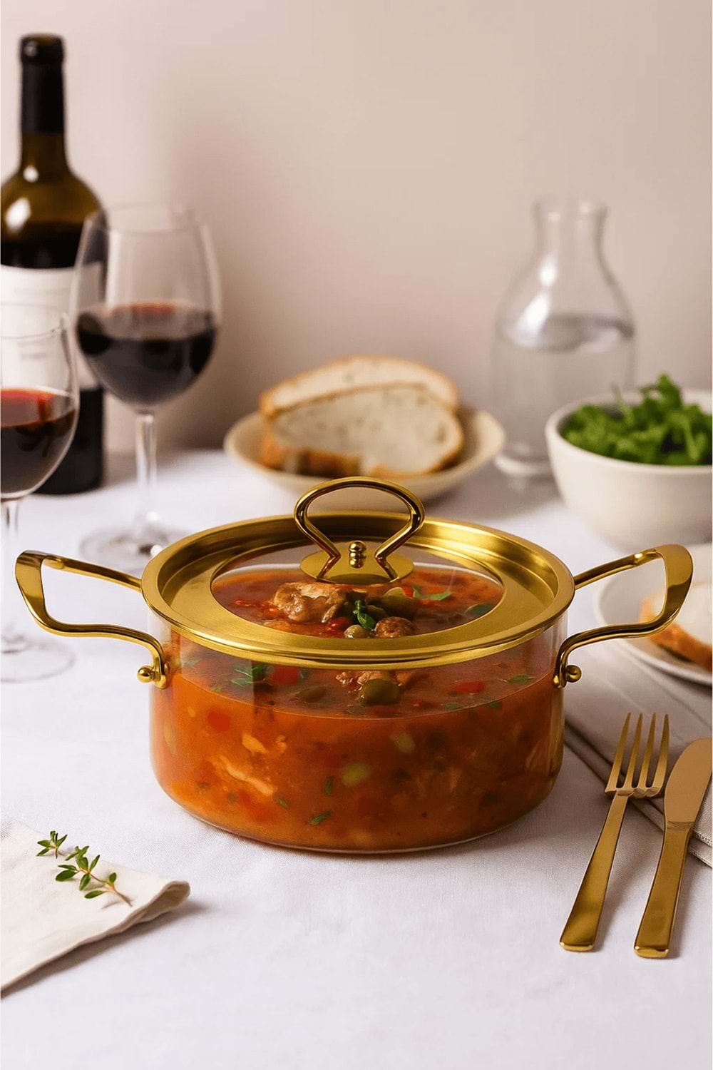 2,5 Lt. Altın Kapaklı ve Altın Kulplu Isıya Dayanıklı Tencere – Şeffaf Borosilikat Cam Pişirme Seti