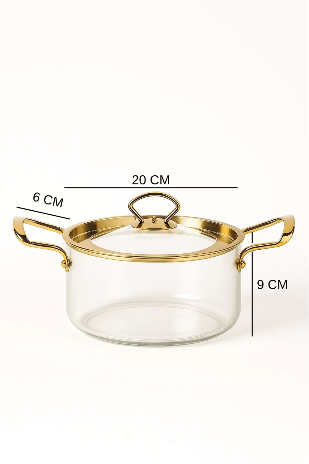 2,5 Lt. Altın Kapaklı ve Altın Kulplu Isıya Dayanıklı Tencere – Şeffaf Borosilikat Cam Pişirme Seti