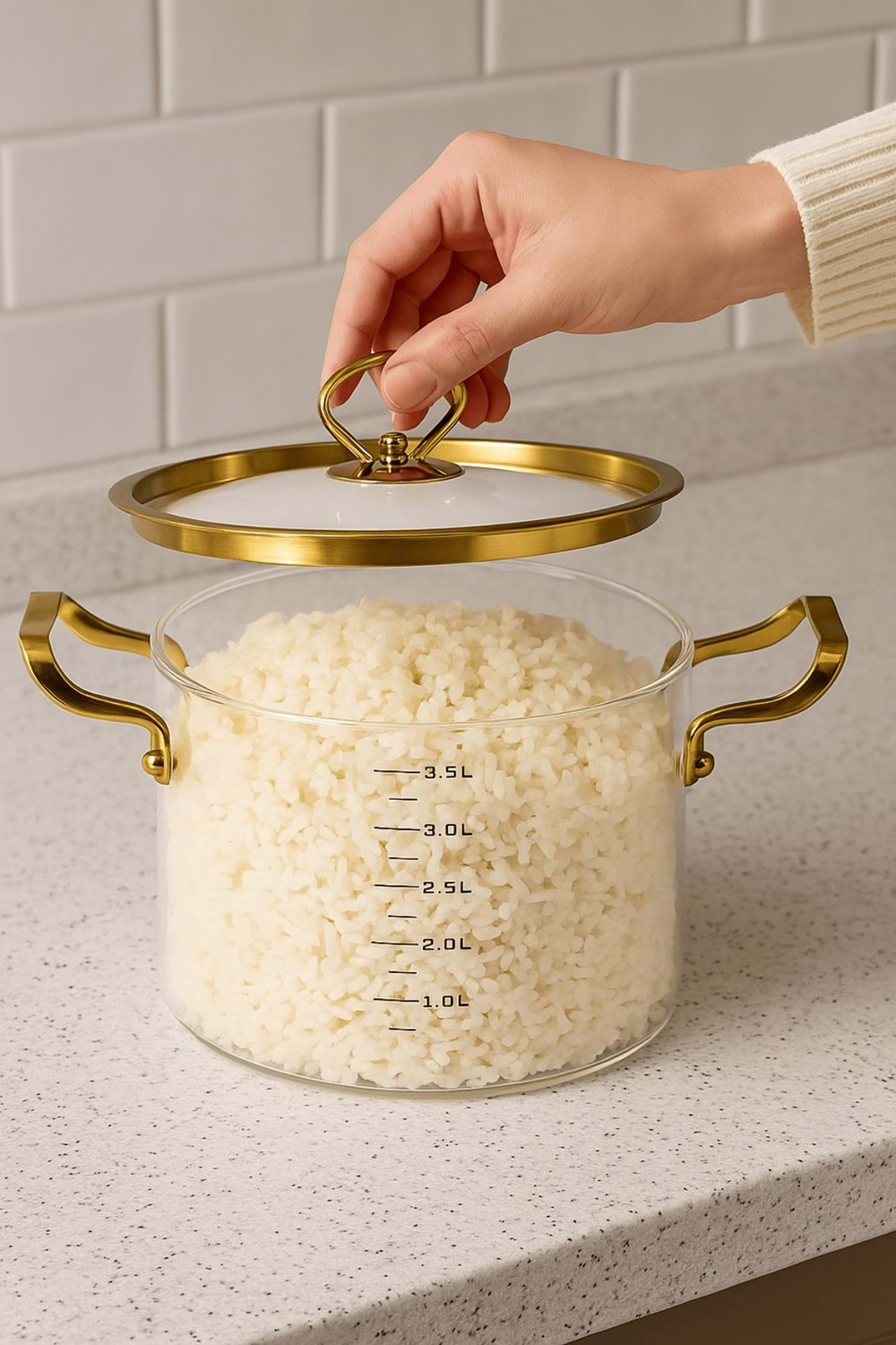 4,5 Lt. Borosilikat Cam Tencere – Ölçülü Gold Detaylı ve Kulplu Isıya Dayanıklı Tencere