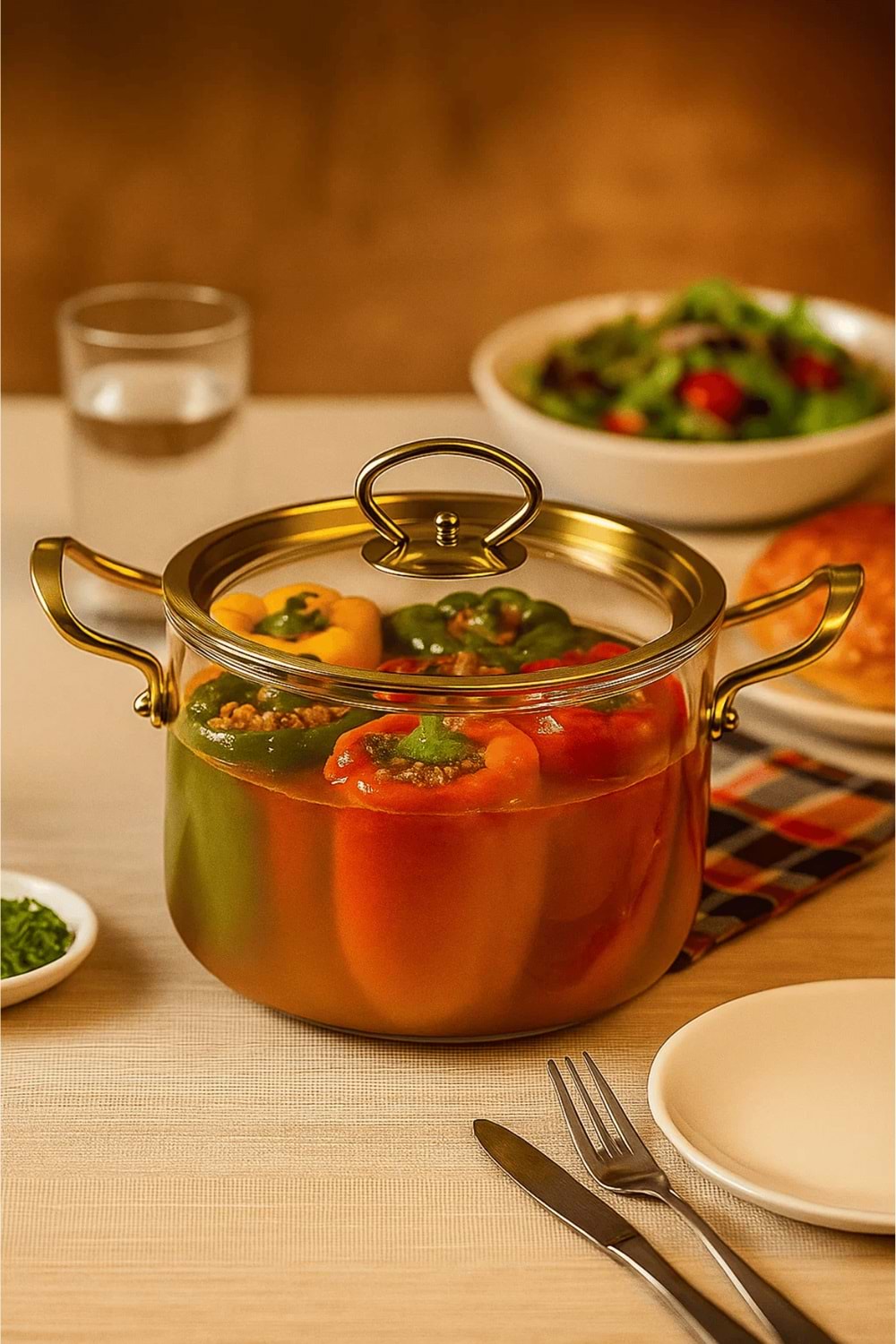 4,5 Lt. Borosilikat Cam Tencere – Ölçülü Gold Detaylı ve Kulplu Isıya Dayanıklı Tencere