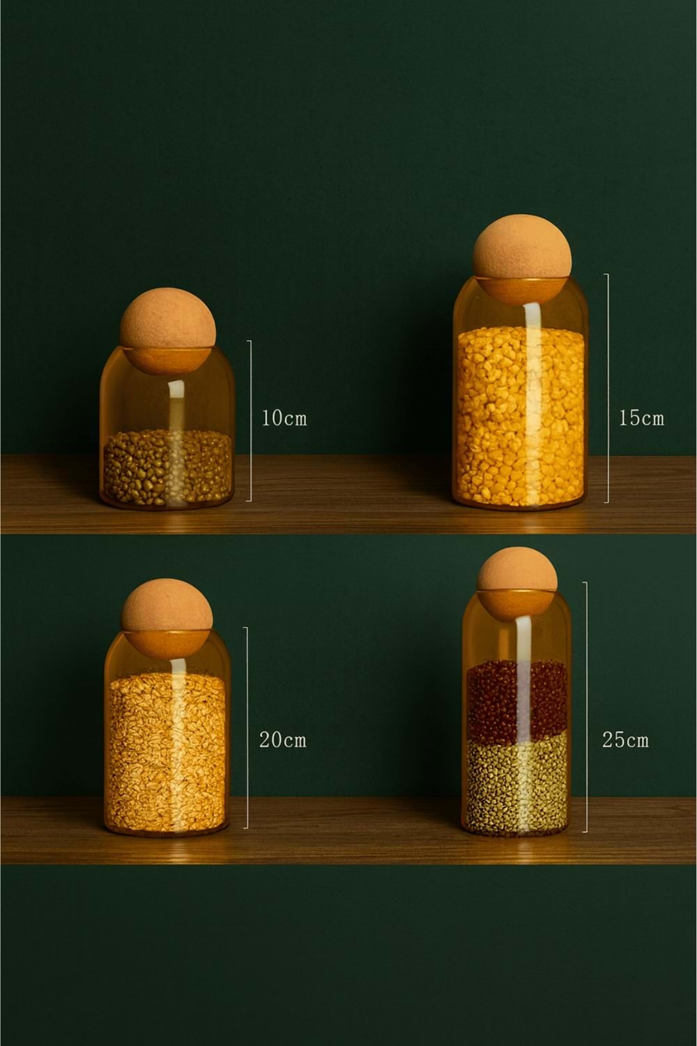 4’lü Amber Cam Kavanoz Seti – Yuvarlak Mantar Kapaklı Dekoratif Baharatlık Takımı