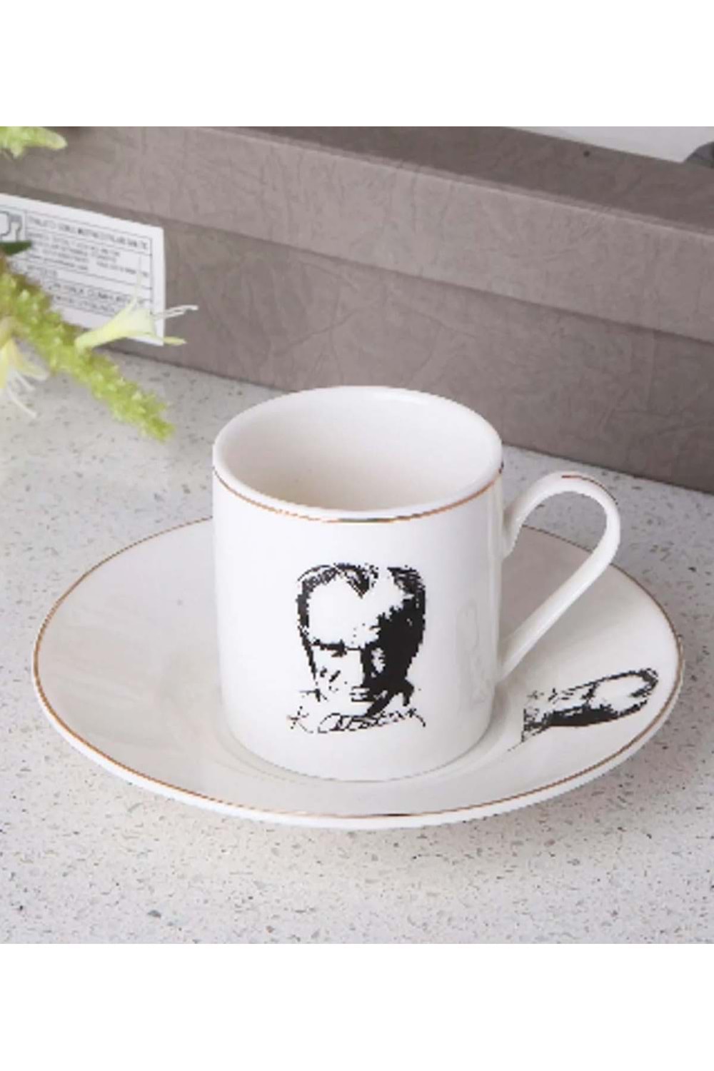 Porselen 2 Kişilik Türk Kahve Fincan Seti Atatürk Desenli İmzalı