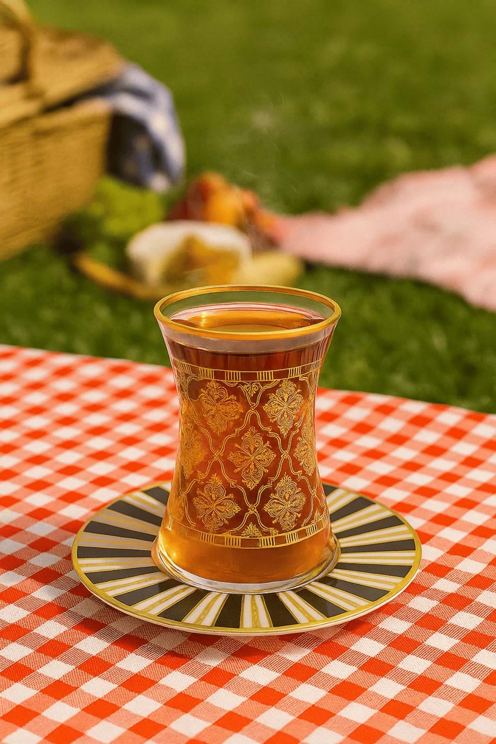 12 Parça Altın Yaldız Desenli İnce Belli Cam Çay Bardağı ve Tabak Seti