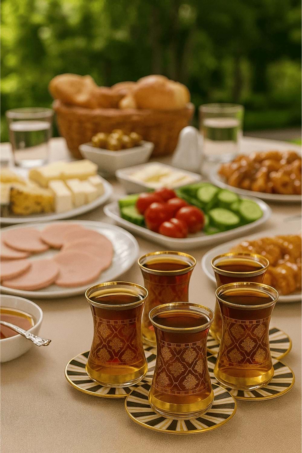 12 Parça Altın Yaldız Desenli İnce Belli Cam Çay Bardağı ve Tabak Seti