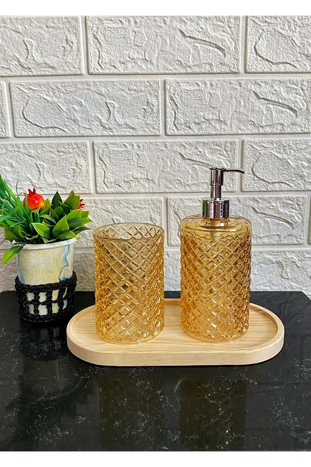 Cam Kafes Model Ahşap Standlı Set 2'li Sıvı Sabunluk Diş Fırçalık Banyo Seti Amber Renkli