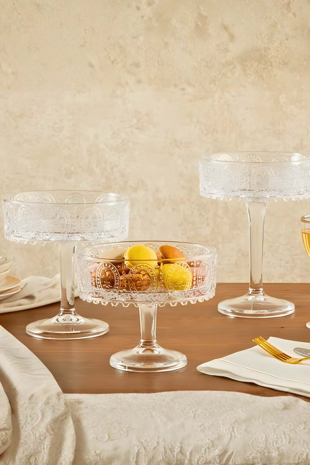 3 Boy El Yapımı Ayaklı Sunum Kasesi - Meyvelik, Çerezlik ve Salata Kasesi Cam Sunumluk