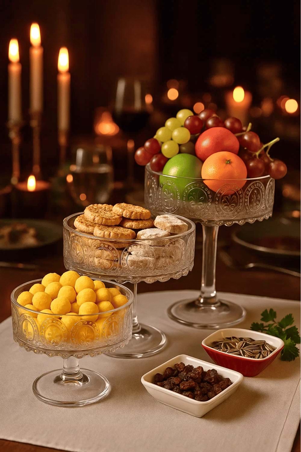 3 Boy El Yapımı Ayaklı Sunum Kasesi - Meyvelik, Çerezlik ve Salata Kasesi Cam Sunumluk