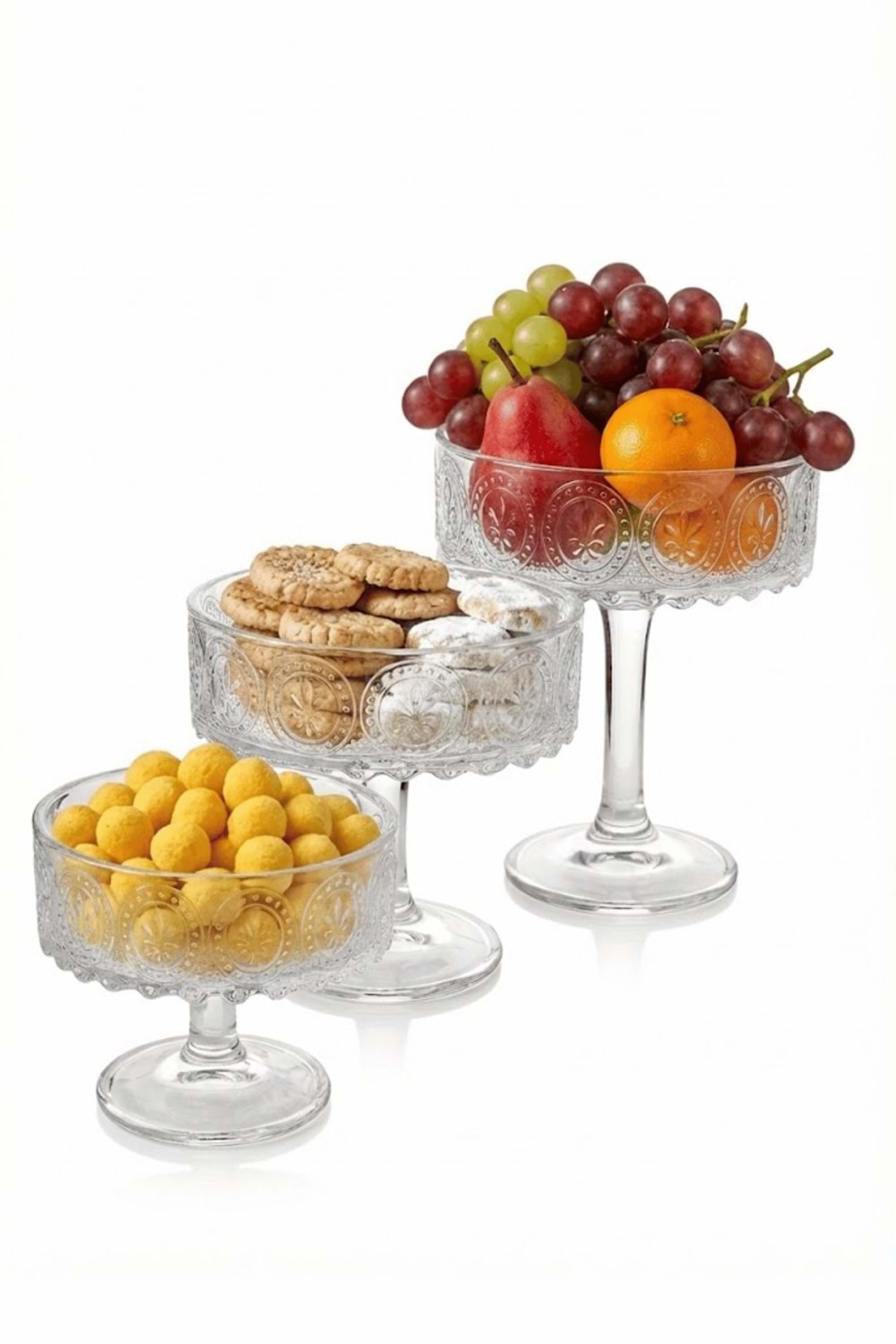 3 Boy El Yapımı Ayaklı Sunum Kasesi - Meyvelik, Çerezlik ve Salata Kasesi Cam Sunumluk