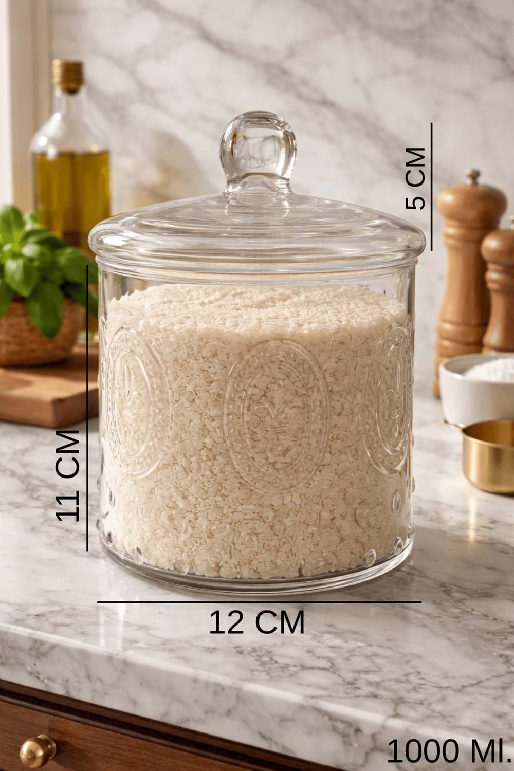1000 Ml. Desenli Cam Kapaklı Kavanoz - Orta Boy Cam Saklama Kabı
