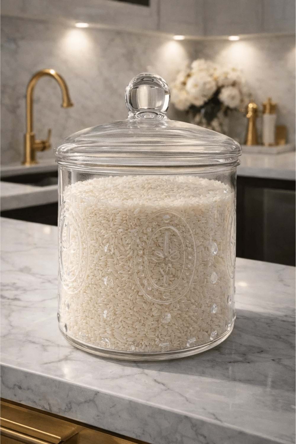 1000 Ml. Desenli Cam Kapaklı Kavanoz - Orta Boy Cam Saklama Kabı