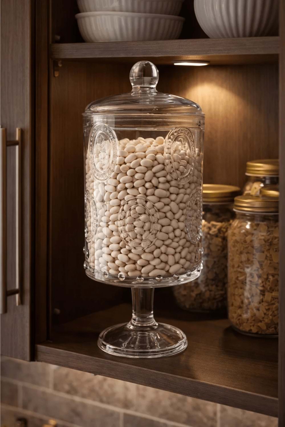 Ayaklı Desenli Cam Kapaklı Kavanoz - 1500Ml. Cam Saklama Kabı