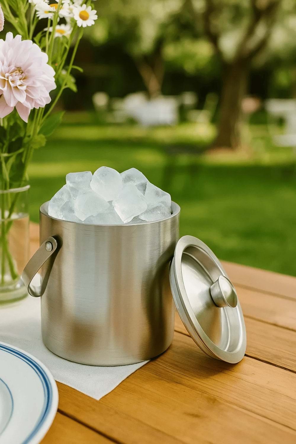 Paslanmaz Çelik Çift Cidar - Taşınabilir Saplı - Kapaklı 1,5 Lt. Buz Kovası
