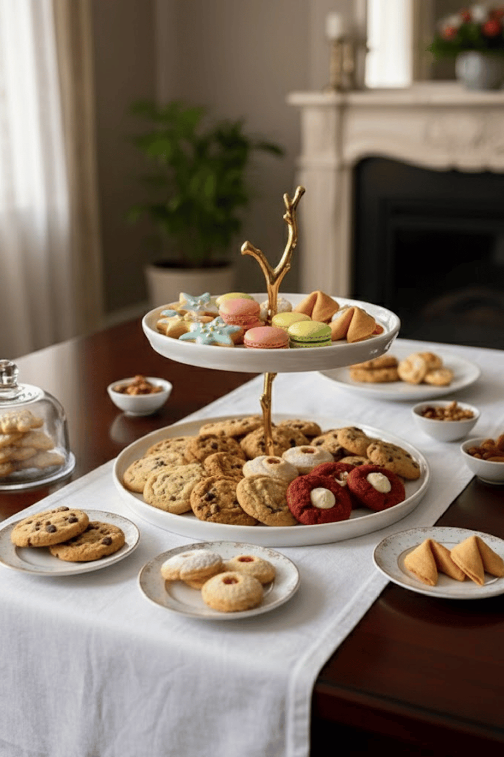 2 Katlı Porselen Kurabiyelik Standı - Altın Dal Detaylı Pasta Kek Sunumluk