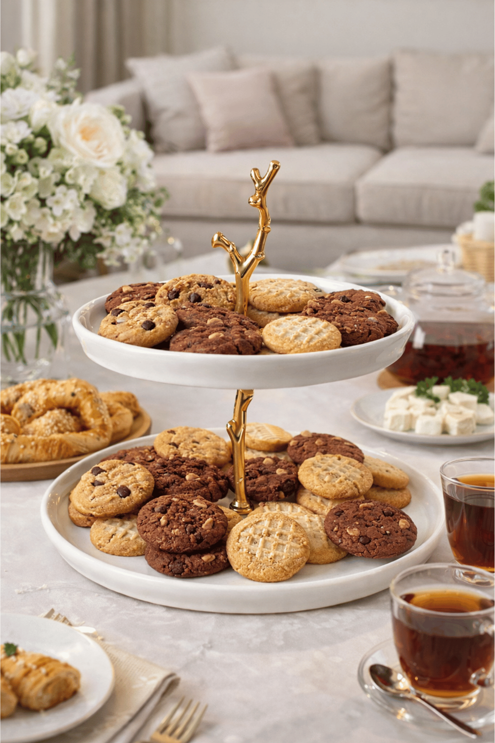 2 Katlı Porselen Kurabiyelik Standı - Altın Dal Detaylı Pasta Kek Sunumluk