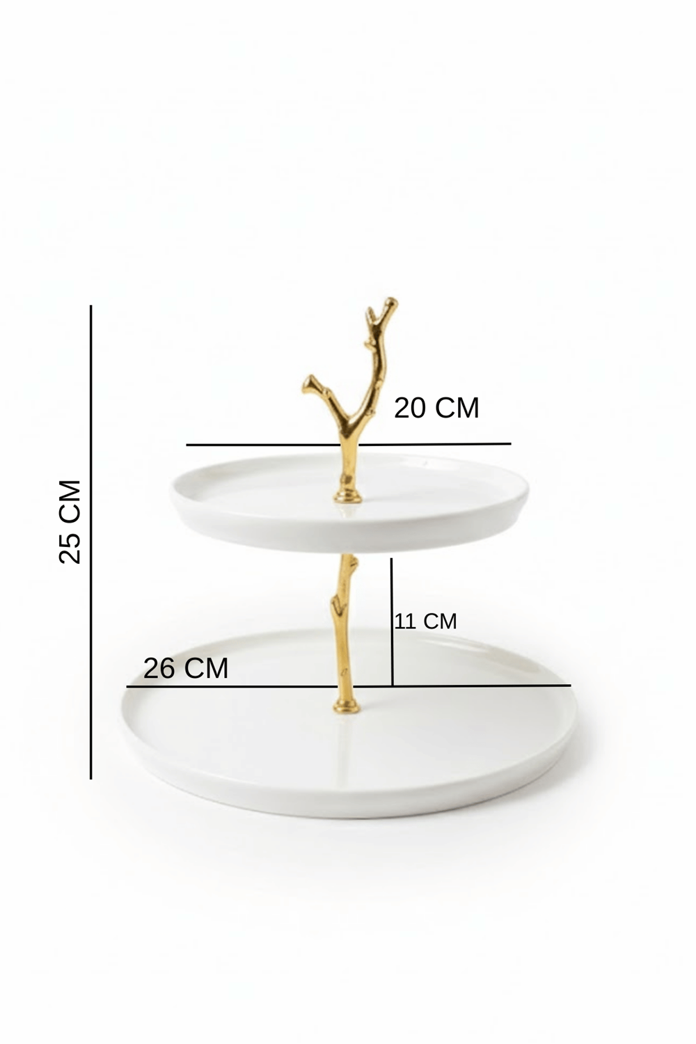 2 Katlı Porselen Kurabiyelik Standı - Altın Dal Detaylı Pasta Kek Sunumluk