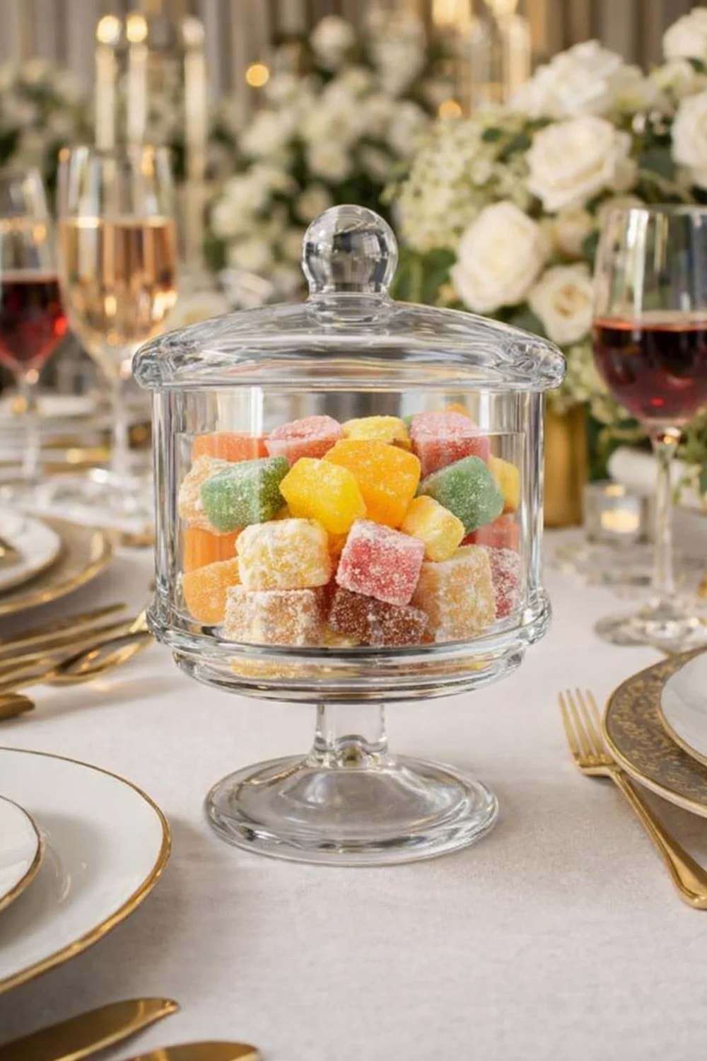 El Yapımı Ayaklı Kapaklı Şeffaf Cam Kurabiyelik Kase – Drajelik, Kek ve Tatlı Sunumluk