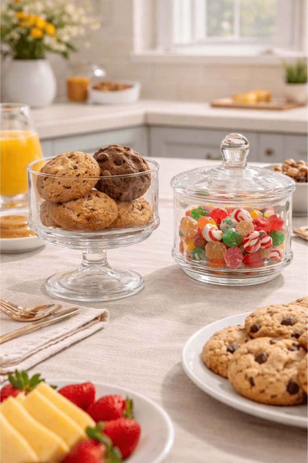 2 Katlı El Yapımı Ayaklı Kapaklı Şeffaf Cam Kurabiyelik Kase – Drajelik, Kek ve Tatlı Sunumluk