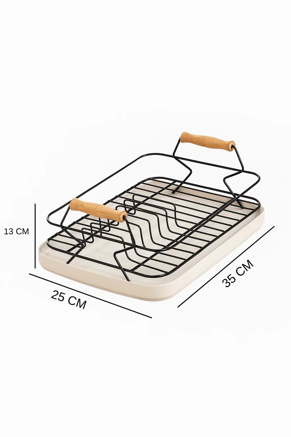 Ahşap Saplı Metal Bulaşık Sepeti - Tabak ve Bardak Kurutma Teli Plastik Altlıklı Bulaşıklık
