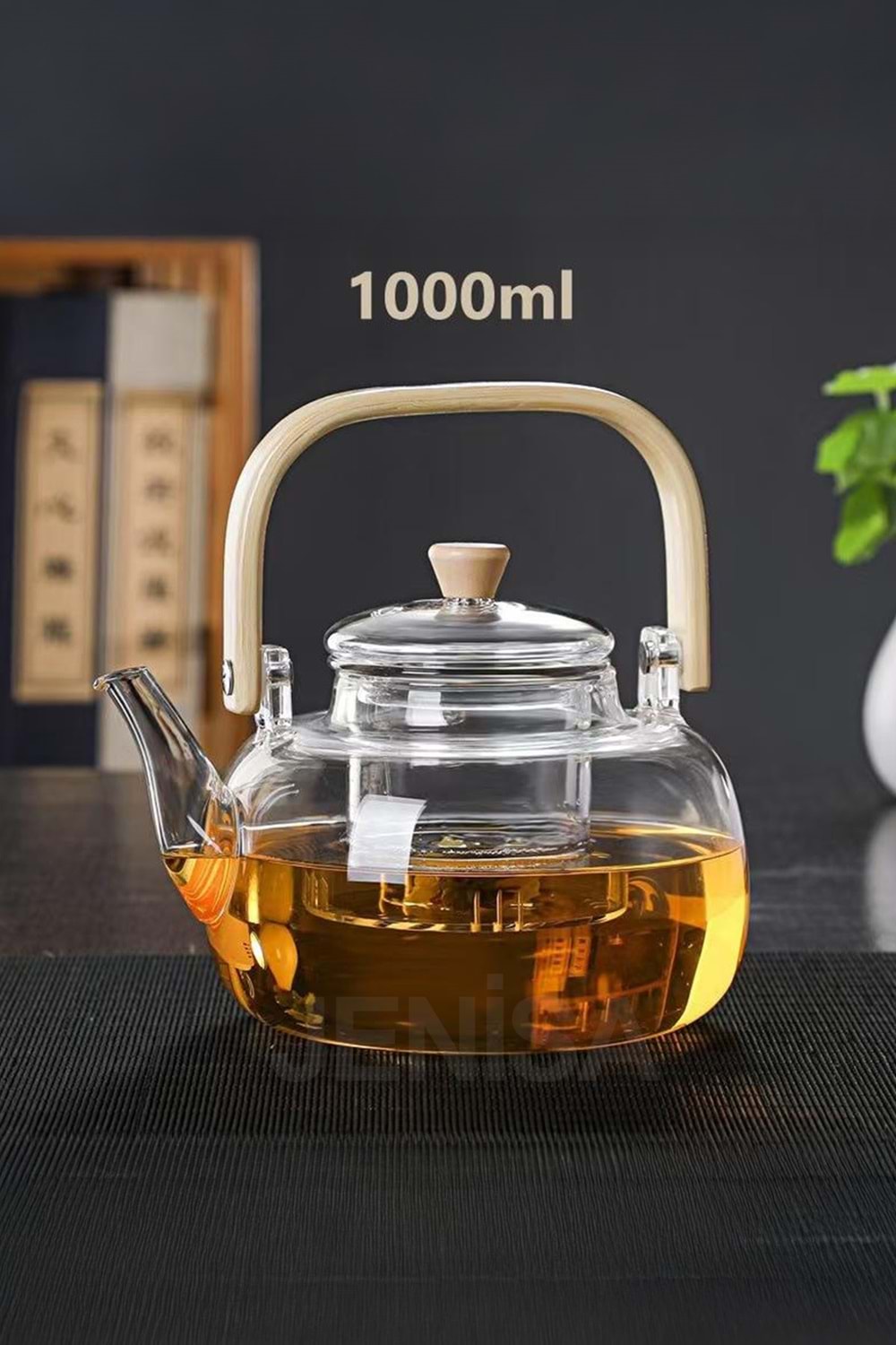 Ahşap Saplı Cam Filtreli Demlik 1000 ML - Isıya Dayanıklı Cam Bitki Çayı Demlik