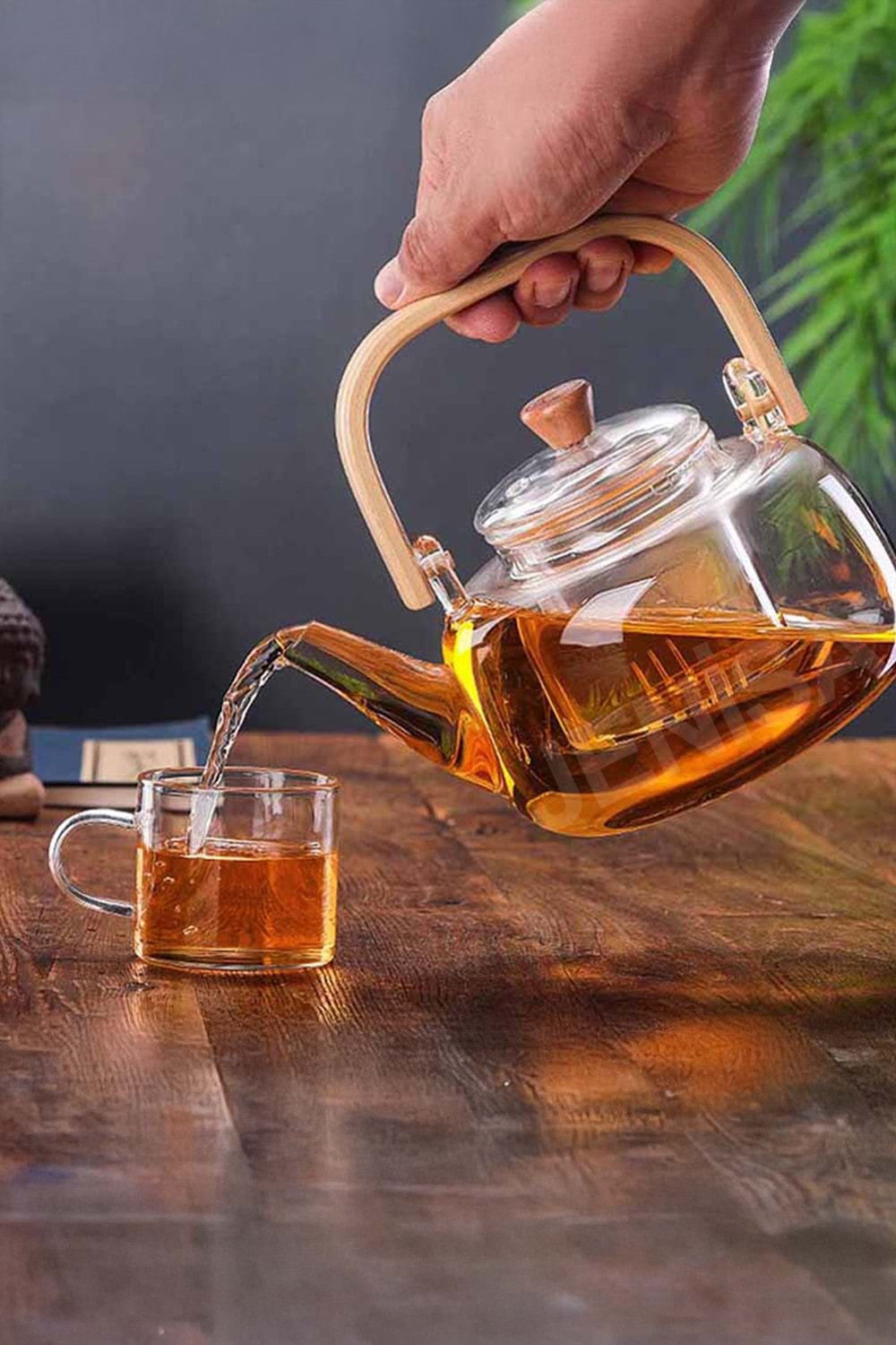 Ahşap Saplı Cam Filtreli Demlik 1000 ML - Isıya Dayanıklı Cam Bitki Çayı Demlik