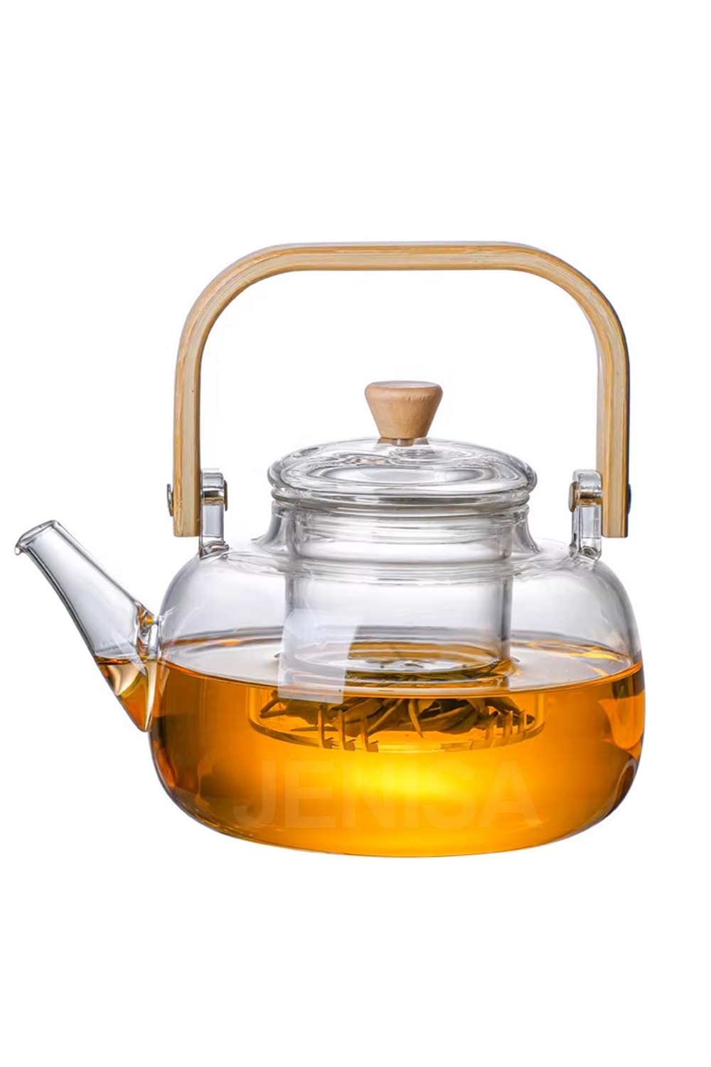 Ahşap Saplı Cam Filtreli Demlik 1000 ML - Isıya Dayanıklı Cam Bitki Çayı Demlik