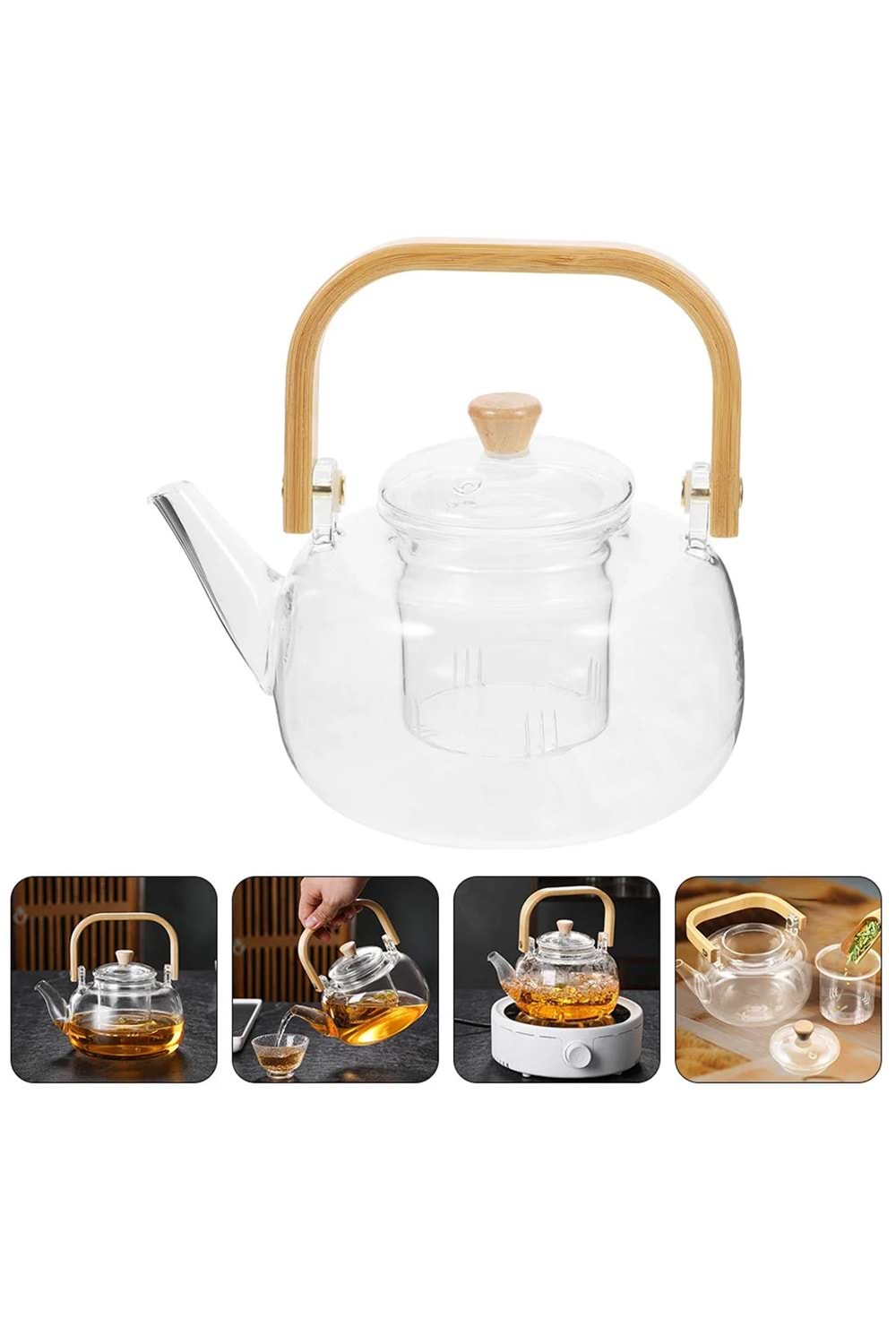Ahşap Saplı Cam Filtreli Demlik 1000 ML - Isıya Dayanıklı Cam Bitki Çayı Demlik