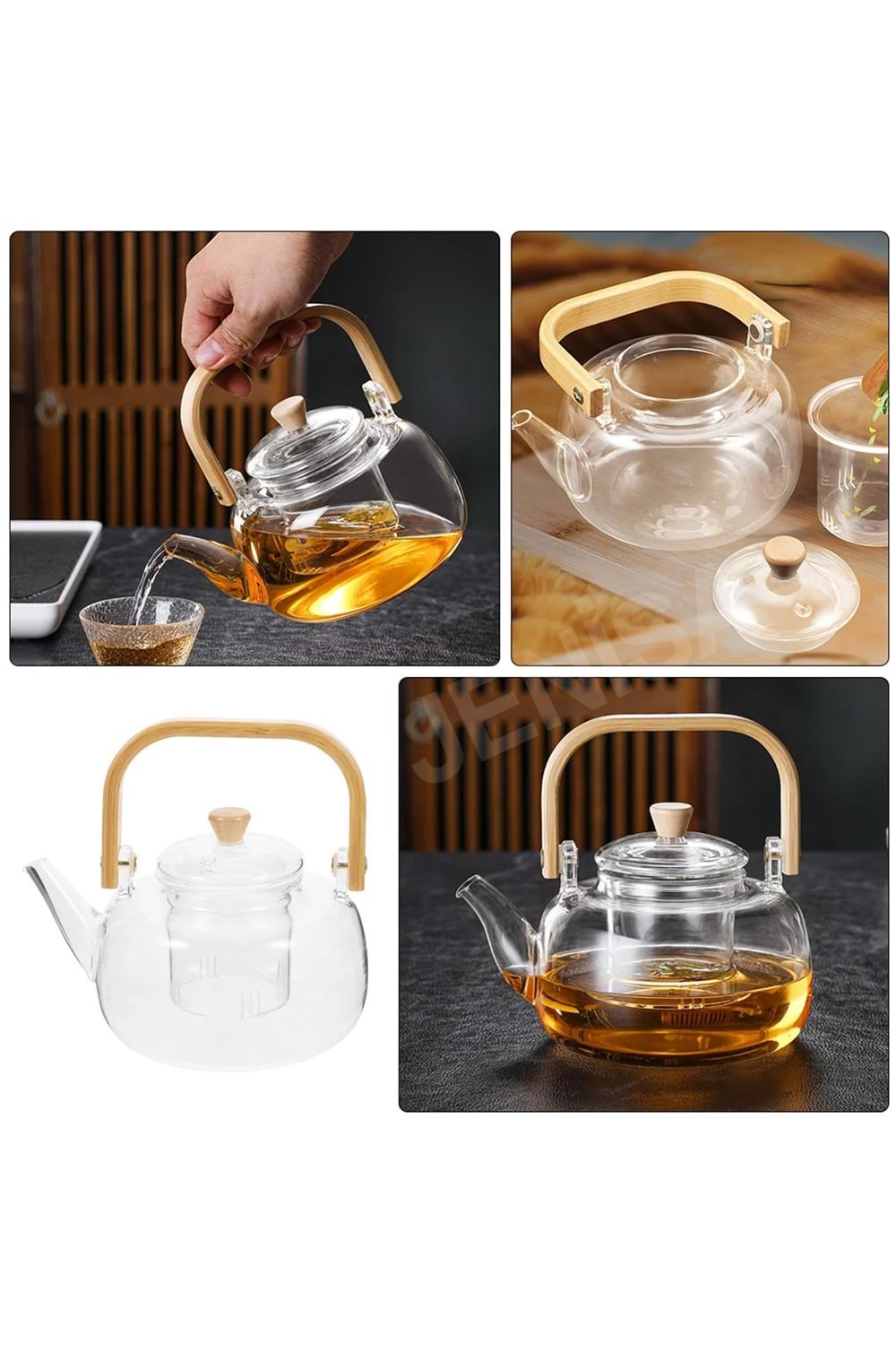 Ahşap Saplı Cam Filtreli Demlik 1000 ML - Isıya Dayanıklı Cam Bitki Çayı Demlik