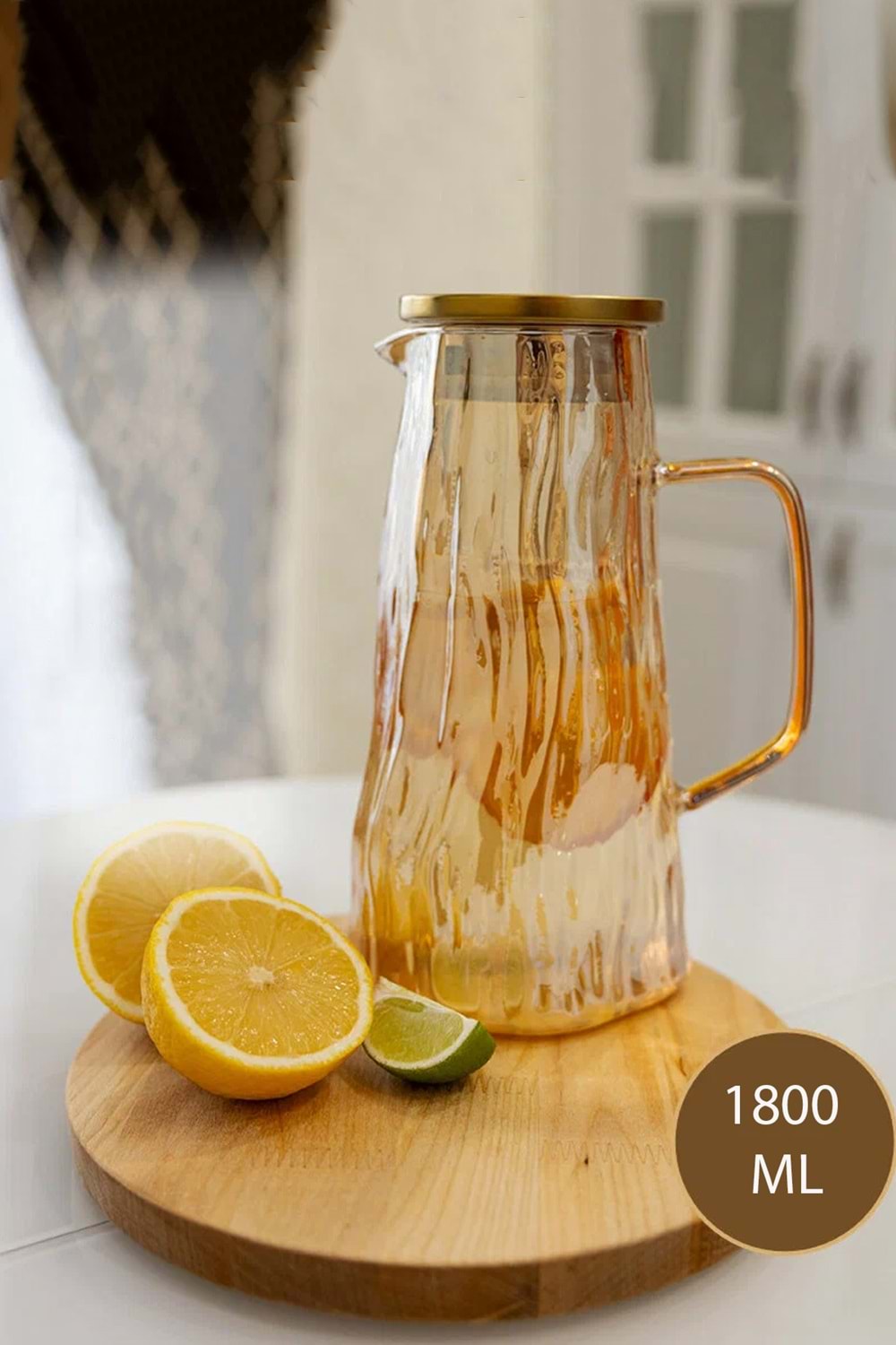 1800 ml Büyük Kapasiteli Cam Sürahi – Altın Kapaklı Isıya Dayanıklı Lüks Sürahi