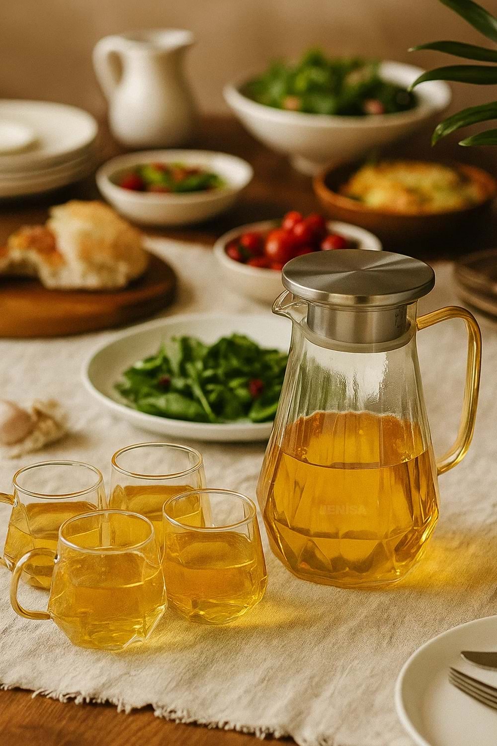 5 Parça Cam Sürahi ve Bardak Seti – Metal Kapaklı 1500 ml Sürahi + 4 Adet 350 ml Bardak