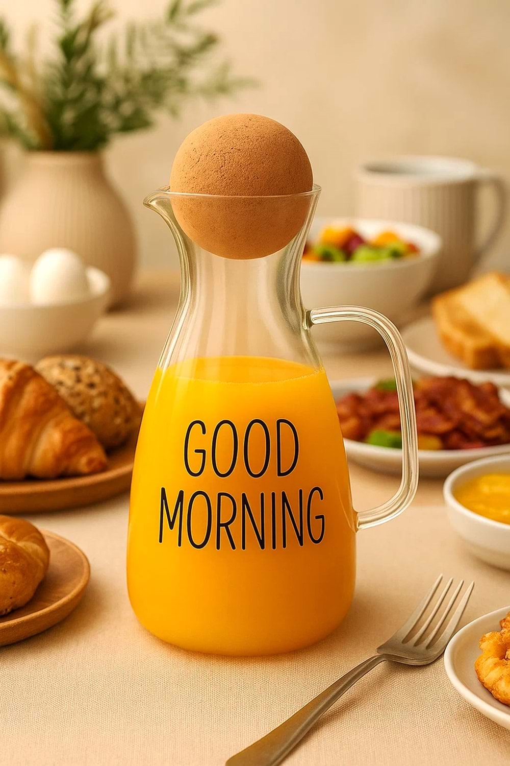 Top Mantar Kapaklı Cam Sürahi - Borosilikat Cam 1500ml Lüks Karaf