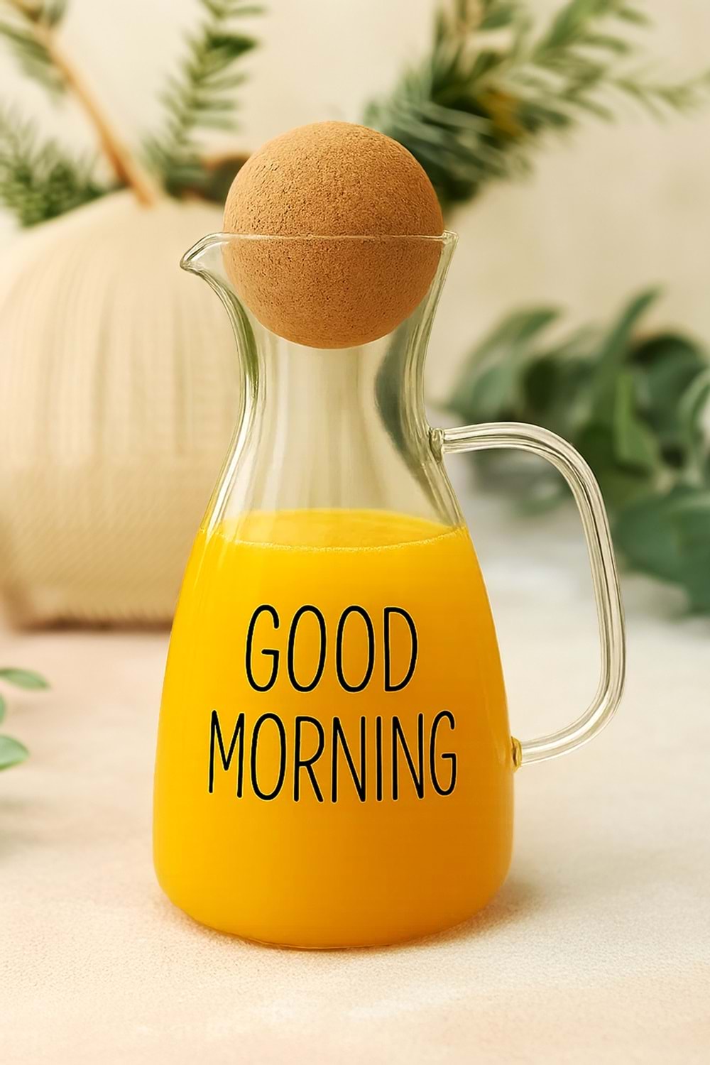 Top Mantar Kapaklı Cam Sürahi - Borosilikat Cam 1500ml Lüks Karaf