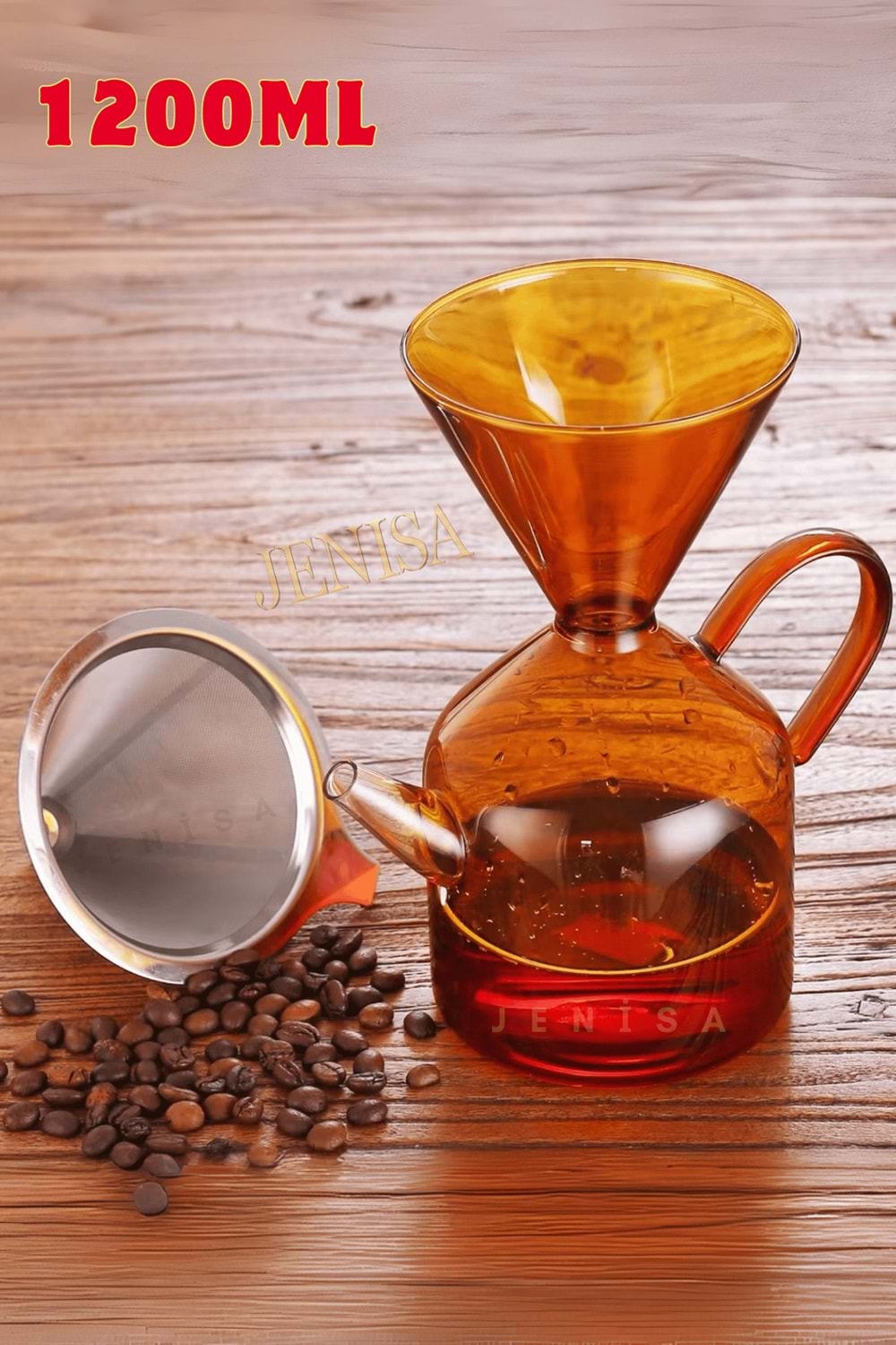 Borosilikat Amber Cam Kahve Demlik Metal Süzgeçli 1200ML- Filtre Kahve Demliği Isıya Dayanıklı