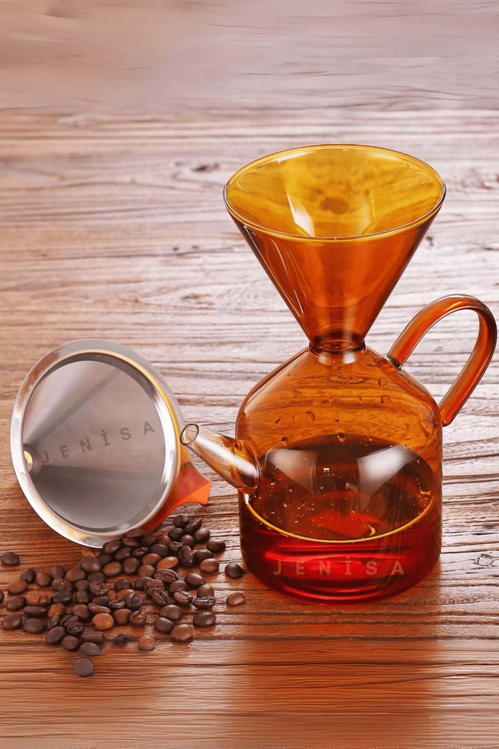 Borosilikat Amber Cam Kahve Demlik Metal Süzgeçli 1200ML- Filtre Kahve Demliği Isıya Dayanıklı