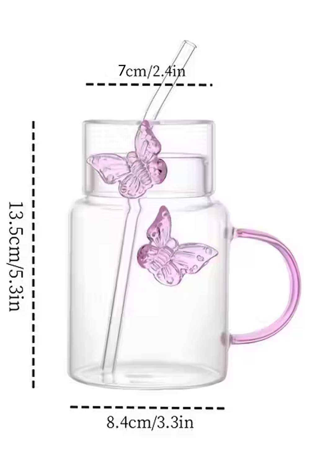 Pembe Kelebek Detaylı Cam Bardak - Kapak ve Pembe Pipetli Kupa 500 ml