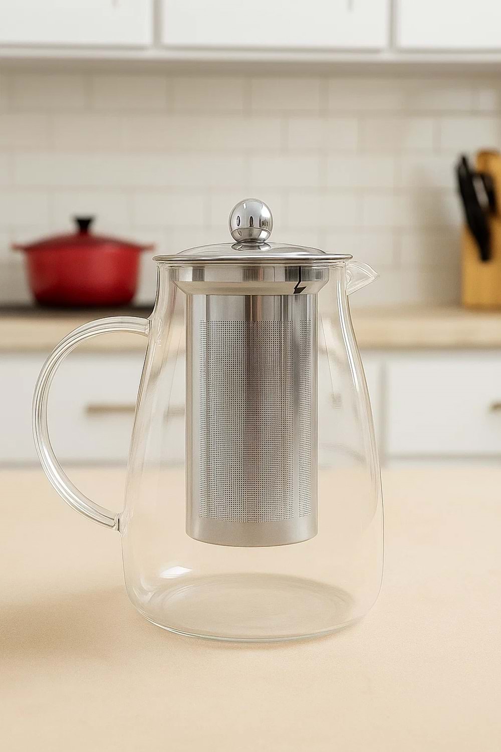 1500 ml Cam Metal Süzgeçli Demlik – Isıya Dayanıklı Detoks Sürahisi & Bitki Çayı Karafı