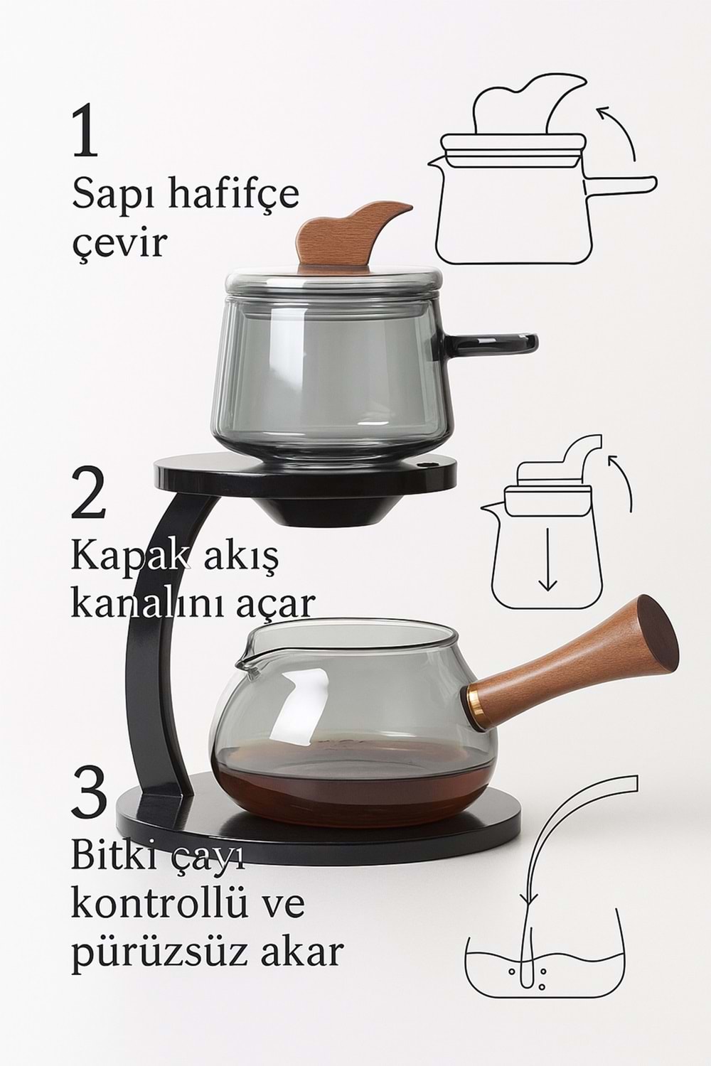 Borosilikat Cam Demlik Seti Zen Çaydanlık Döndür – Akıt Sistemi Sihirli Bitki Çayı Demliği