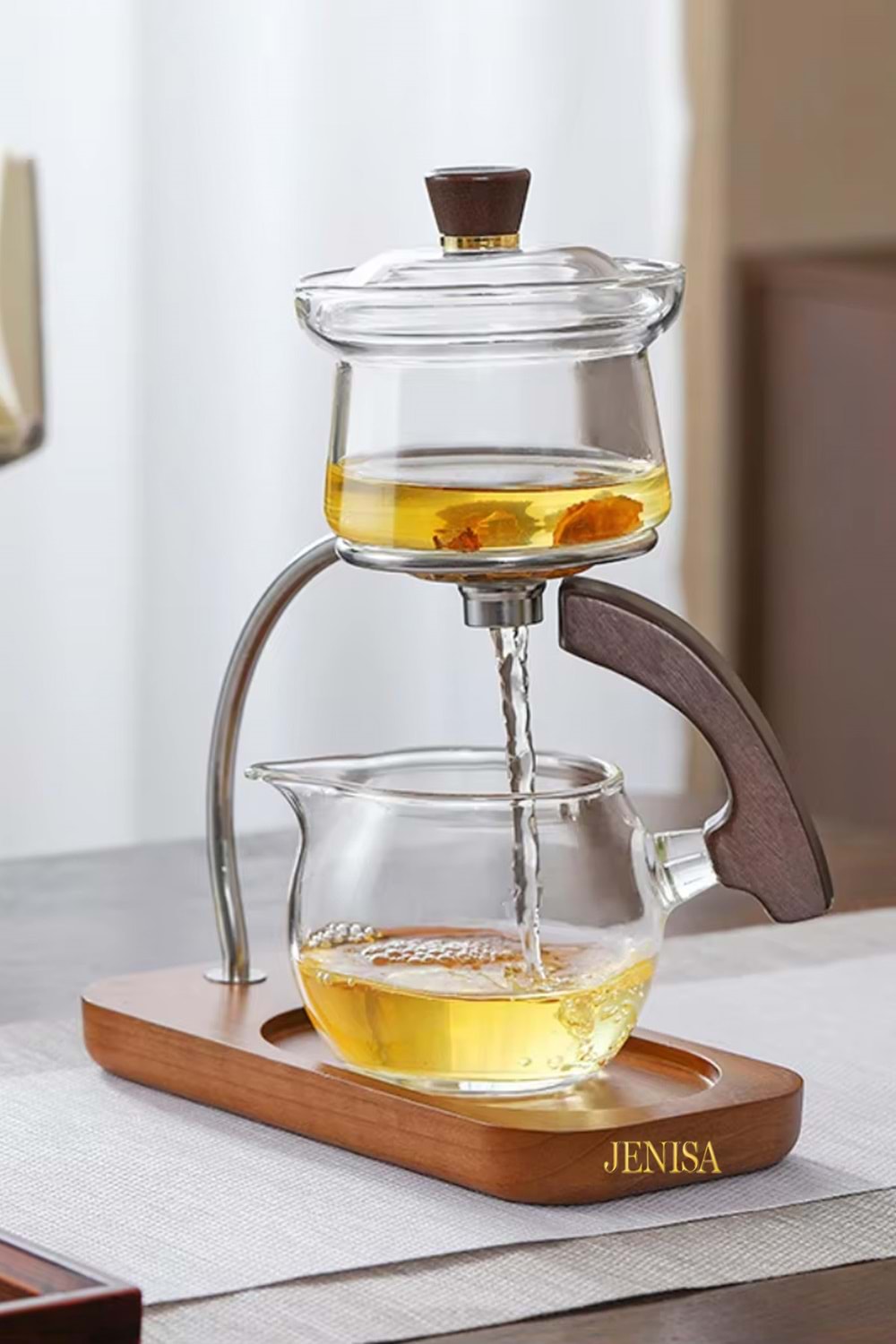 Borosilikat Cam Manyetik Demlik Süzgeçli Bitki Çayı Demliği - Ahşap Standlı Otomatik Çay Süzme