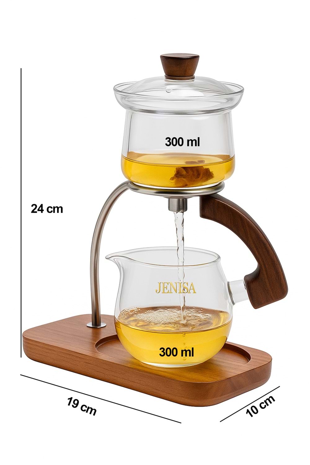 Borosilikat Cam Manyetik Demlik Süzgeçli Bitki Çayı Demliği - Ahşap Standlı Otomatik Çay Süzme