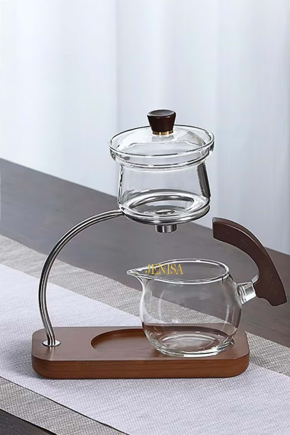 Borosilikat Cam Manyetik Demlik Süzgeçli Bitki Çayı Demliği - Ahşap Standlı Otomatik Çay Süzme