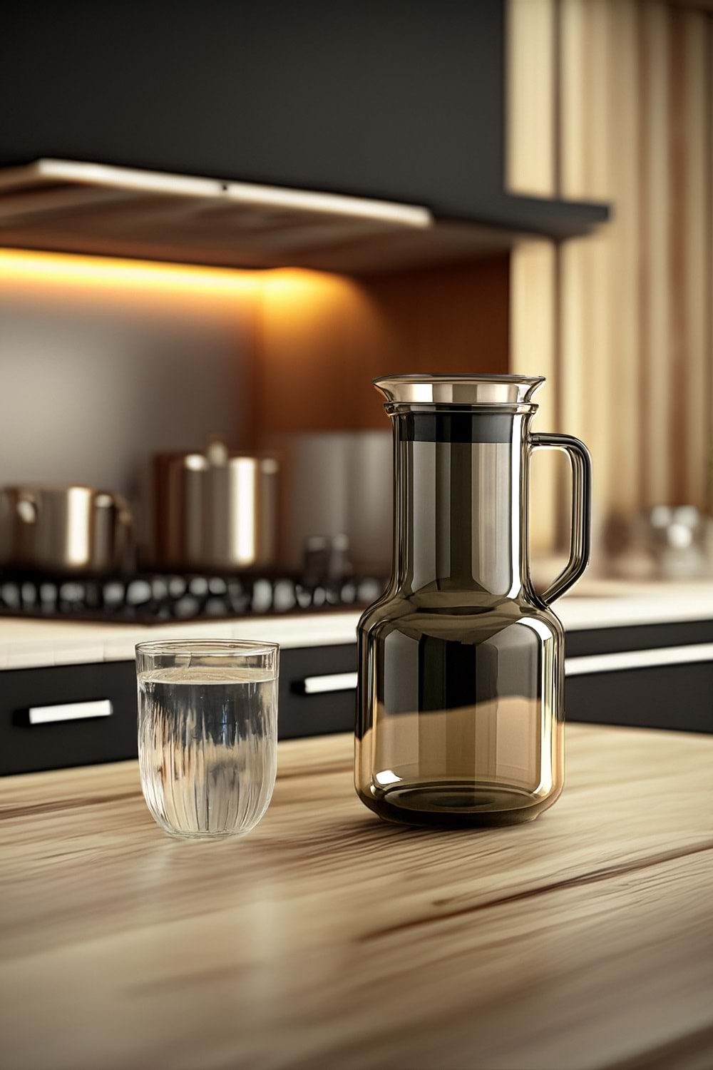 Isıya Dayanıklı Cam Sürahi 1.8 Litre – Füme Renk, Borosilikat, Süzgeçli Kapaklı